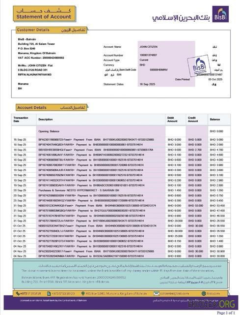 Relevé de compte de la Banque islamique de Bahreïn Modèle Word et PDF